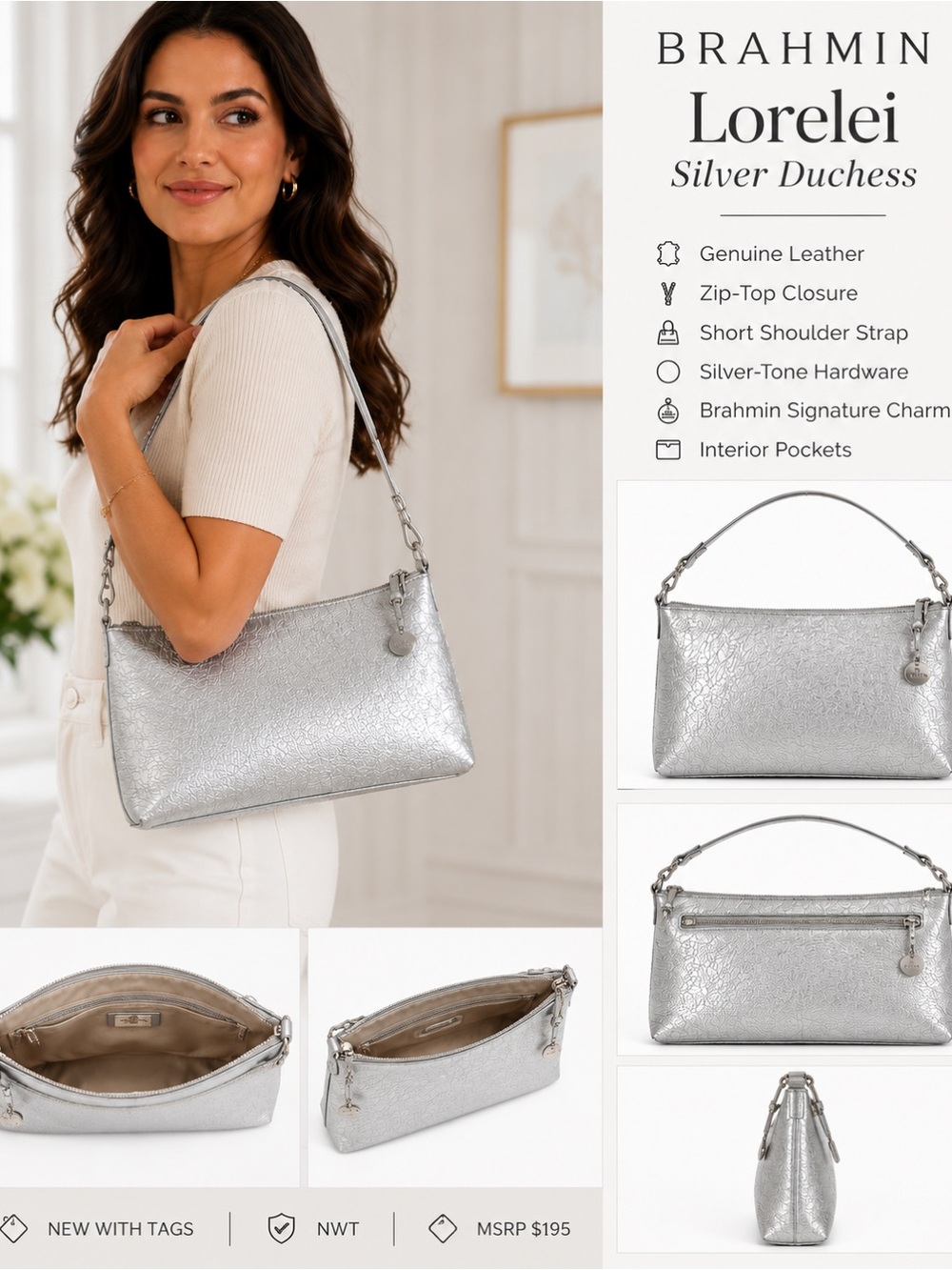 NWT Brahmin Lorelei Silver Duchess Metallic Leather Shoulder Bag